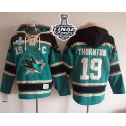 Men San Jose Sharks 19 Joe Thornton Teal Sawyer Hooded Sweatshirt 2016 Stanley Cup Final Patch Stitched NHL Jersey