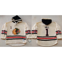 Men Chicago Blackhawks 1 Glenn Hall Cream Heavyweight Pullover Hoodie Stitched NHL Jersey