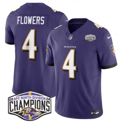 Men Baltimore Ravens 4 Zay Flowers Purple F U S E 2024 AFC North Division Champions Vapor Limited Football Jersey