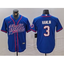 Men Buffalo Bills 3 Damar Hamlin Blue With Patch Cool Base Stitched Baseball Jersey