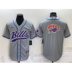 Men Buffalo Bills Grey Team Big Logo With Patch Cool Base Stitched Baseball Jersey