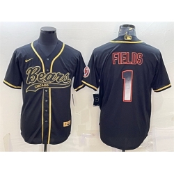 Men Chicago Bears 1 Justin Fields Black Gold With Patch Cool Base Stitched Baseball Jersey