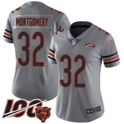 Women Chicago Bears 32 David Montgomery Limited Silver Inverted Legend 100th Season Football Jersey