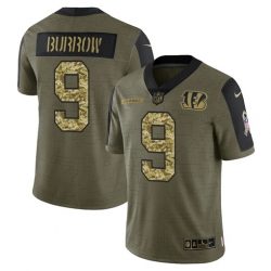 Men Cincinnati Bengals 9 Joe Burrow 2021 Salute To Service Olive Camo Limited Stitched Jersey