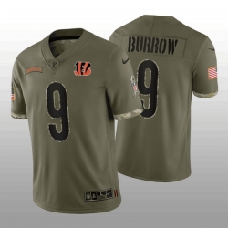 Men Cincinnati Bengals 9 Joe Burrow Olive 2022 Salute To Service Limited Stitched Jersey