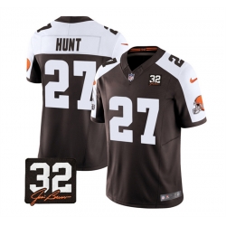 Men Cleveland Browns 27 Kareem Hunt Brown White 2023 F U S E  With Jim Brown Memorial Patch Vapor Untouchable Limited Stitched Jersey