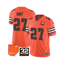 Men Cleveland Browns 27 Kareem Hunt Orange 2023 F U S E  With Jim Brown Memorial Patch Vapor Untouchable Limited Stitched Jersey