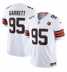 Men Cleveland Browns 95 Myles Garrett White 2023 F U S E  With John Madden Patch Vapor Limited Stitched Football Jersey