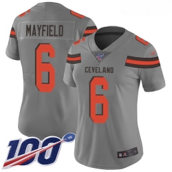 Browns #6 Baker Mayfield Gray Women Stitched Football Limited Inverted Legend 100th Season Jersey