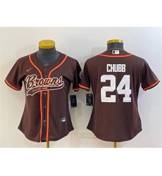 Women Cleveland Browns 24 Nick Chubb Brown With Patch Cool Base Stitched Baseball Jersey