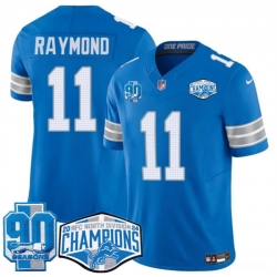 Men Detroit Lions 11 Kalif Raymond Blue 2024 NFC North Champions 90th Anniversary Patch F U S E  Vapor Limited Stitched Jersey