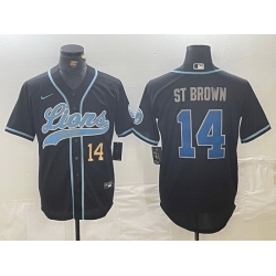 Men Detroit Lions 14 Amon Ra St  Brown Black Cool Base Stitched Baseball Jersey 2
