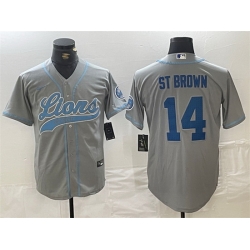 Men Detroit Lions 14 Amon Ra St  Brown Grey Cool Base Stitched Baseball Jersey