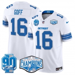 Men Detroit Lions 16 Jared Goff White 2024 NFC North Champions 90th Anniversary Patch F U S E  Vapor Limited Stitched Jersey