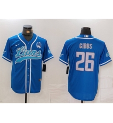 Men Detroit Lions 26 Jahmyr Gibbs Blue With 90th Anniversary Patch Cool Base Stitched Baseball Jersey