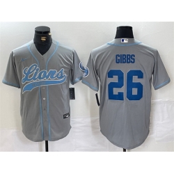 Men Detroit Lions 26 Jahmyr Gibbs Grey Cool Base Stitched Baseball Jersey
