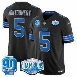 Men Detroit Lions 5 David Montgomery Black 2024 NFC North Champions 90th Anniversary Patch F U S E  Vapor Limited Stitched Jersey