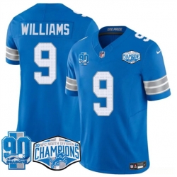 Men Detroit Lions 9 Jameson Williams Blue 2024 NFC North Champions 90th Anniversary Patch F U S E  Vapor Limited Stitched Jersey