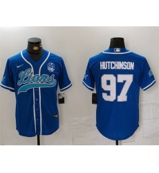 Men Detroit Lions 97 Aidan Hutchinson Blue With 90th Anniversary Patch Cool Base Stitched Baseball Jersey