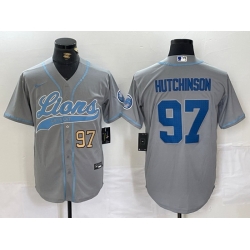 Men Detroit Lions 97 Aidan Hutchinson Grey Cool Base Stitched Baseball Jersey 1