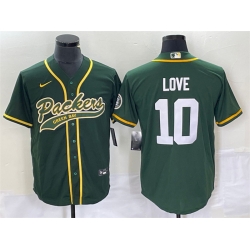 Men Green Bay Packers 10 Jordan Love Green Cool Base Stitched Baseball Jersey