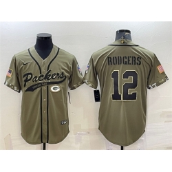 Men Green Bay Packers 12 Aaron Rodgers Olive 2022 Salute To Service Cool Base Stitched Baseball Jersey