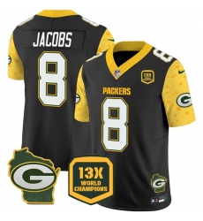 Men Green Bay Packers 8 Josh Jacobs Cheese Black 2024 F U S E  13 Time World Champions And Home Patch Vapor Untouchable Limited Stitched Football Jersey