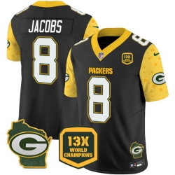 Men Green Bay Packers 8 Josh Jacobs Cheese Black 2024 F U S E  13 Time World Champions And Home Patch Vapor Untouchable Limited Stitched Football Jersey