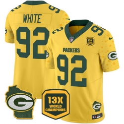 Men Green Bay Packers 92 Reggie White Cheese Gold 2024 F U S E  13 Time World Champions And Home Patch Vapor Untouchable Limited Stitched Football Jersey