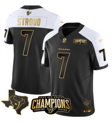 Men Houston Texans 7 C J  Stroud Black White Golden 2023 F U S E  With AFC South Champions Patch And Team Logo Patch Limited Stitched Football Jersey