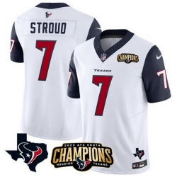 Men Houston Texans 7 C J  Stroud White Navy 2023 F U S E  AFC South Champions Patch And Team Logo Patch Vapor Untouchable Limited Stitched Football JerseyS