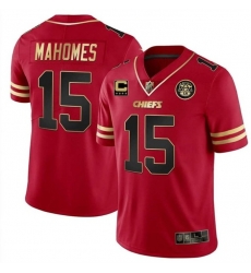 Men Kansas City Chiefs 15 Patrick Mahomes Red Gold With C Patch Stitched Football Jersey