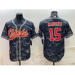 Men Kansas City Chiefs Blank 15 Patrick Mahomes Grey Navy Camo With Patch Cool Base Stitched Baseball Jersey