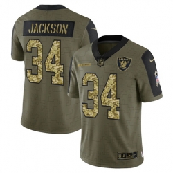 Men Las Vegas Raiders 34 Bo Jackson 2021 Salute To Service Olive Camo Limited Stitched Jersey