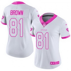 Nike Raiders #81 Tim Brown White Pink Womens Stitched NFL Limited Rush Fashion Jersey