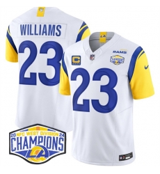 Men Los Angeles Rams 23 Kyren Williams White 2024 NFC West Champions With 4 Star C Patch F U S E  Vapor Untouchable Stitched Football Jersey