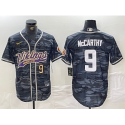 Men Minnesota Vikings 9 J J  McCarthy Grey Camo Cool Base Stitched Baseball Jersey 1