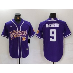 Men Minnesota Vikings 9 J J  McCarthy Purple Cool Base Stitched Baseball Jersey 2