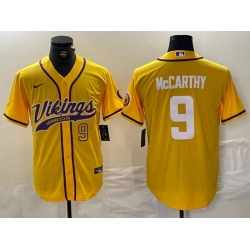 Men Minnesota Vikings 9 J J  McCarthy Yellow Cool Base Stitched Baseball Jersey 1