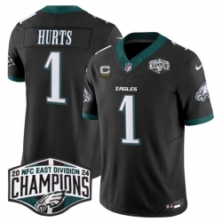 Men Philadelphia Eagles 1 Jalen Hurts Black 2024 New NFC East Champions With 3 Star C Patch F U S E  Vapor Untouchable Limited Stitched Football Jersey