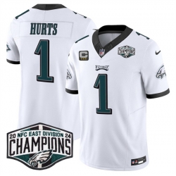 Men Philadelphia Eagles 1 Jalen Hurts White 2024 NFC East Champions With 3 Star C Patch F U S E  Vapor Untouchable Limited Stitched Football Jersey