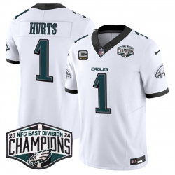 Men Philadelphia Eagles 1 Jalen Hurts White 2024 New NFC East Champions With 3 Star C Patch F U S E  Vapor Untouchable Limited Stitched Football Jersey