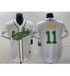 Men Philadelphia Eagles 11 A  J  Brown White Gold Cool Base Stitched Baseball Jersey