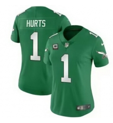 Women Philadelphia Eagles 1 Jalen Hurts Green Gold Vapor Limited Stitched Football Jersey