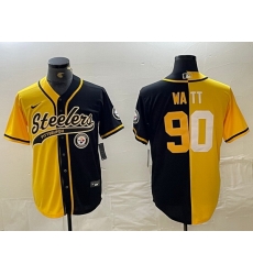 Men Pittsburgh Steelers 90 T  J  Watt Yellow Black Split With Patch Cool Base Stitched Baseball Jerseys