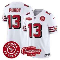 Men San Francisco 49ers 13 Brock Purdy White 2023 F U S E  Faithful To The Bay And NFC West Champions Patch Stitched Football Jersey