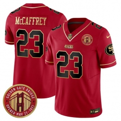 Men San Francisco 49ers 23 Christian McCaffrey Red F U S E  Golden Gate Bridge Patch Scarlet Vapor Limited Stitched Football Jersey