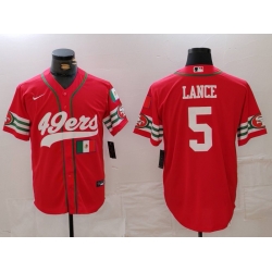 Men San Francisco 49ers 5 Trey Lance Red With Patch Cool Base Stitched Baseball Jersey 1