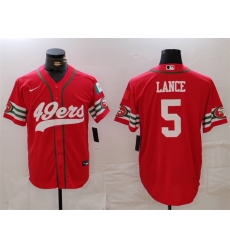 Men San Francisco 49ers 5 Trey Lance Red With Patch Cool Base Stitched Baseball Jersey