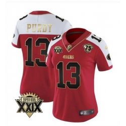 Women San Francisco 49ers 13 Brock Purdy Red White Super Bowl XXIX Patch And 75th Anniversary Patch Stitched Game Jersey  Run Small